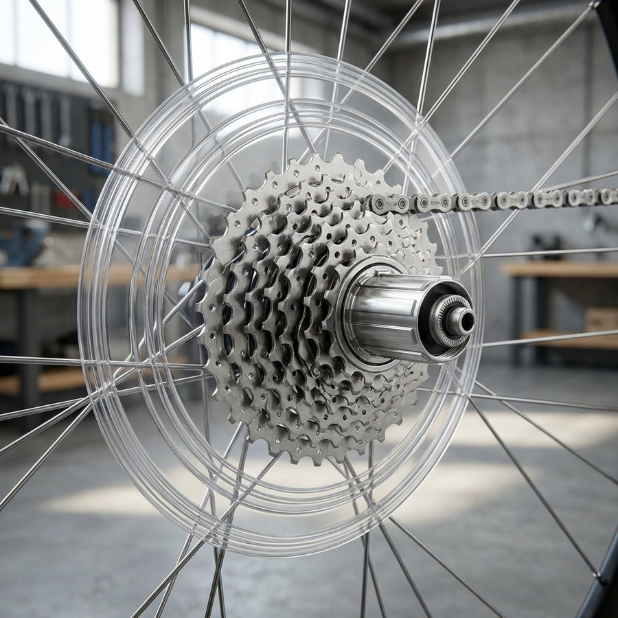 Transparente Shimano Speichenschutzscheibe CP-FH 53 an Fahrradkassette montiert zum Schutz vor Kettenabsprüngen.