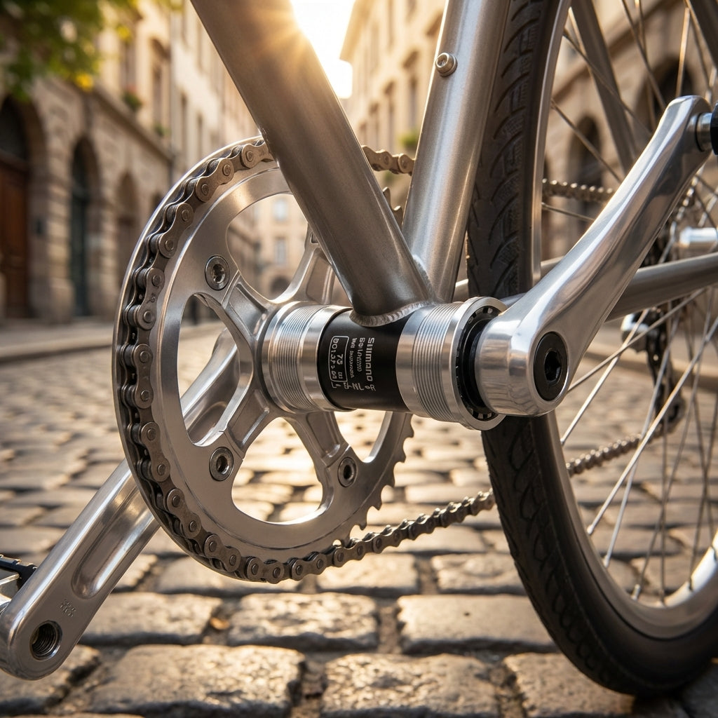 SHIMANO Innenlager UN300 73/122,5 mm BSA an Fahrradkurbel für Trekking & Citybikes auf Kopfsteinpflaster.