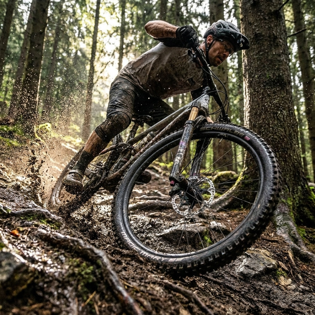 Schwalbe Magic Mary Evolution Line Gravity-Reifen am Mountainbike im Schlammwald, spritzende Erde, ultimativer Grip.