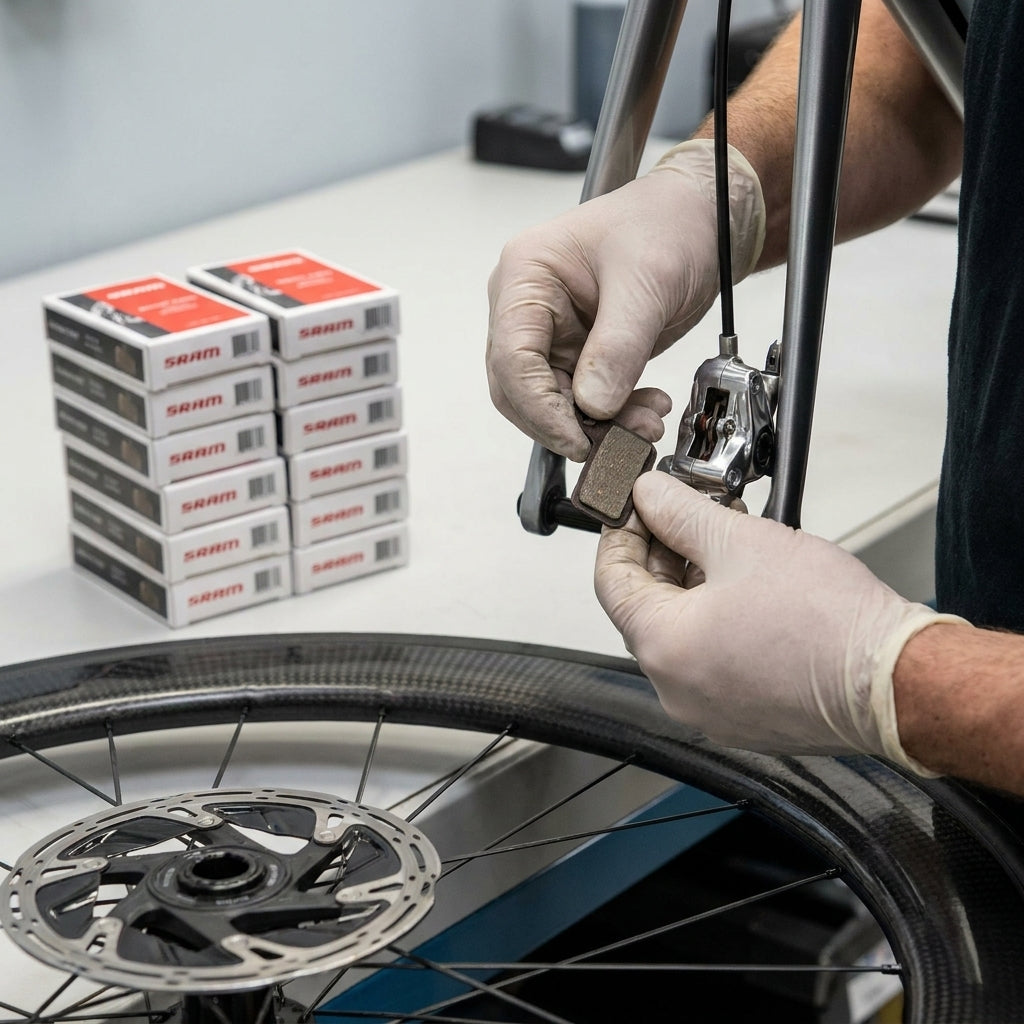 SRAM Road Scheibenbremsbeläge werden montiert, Werkstatt-Sets mit 20 Packungen im Hintergrund.