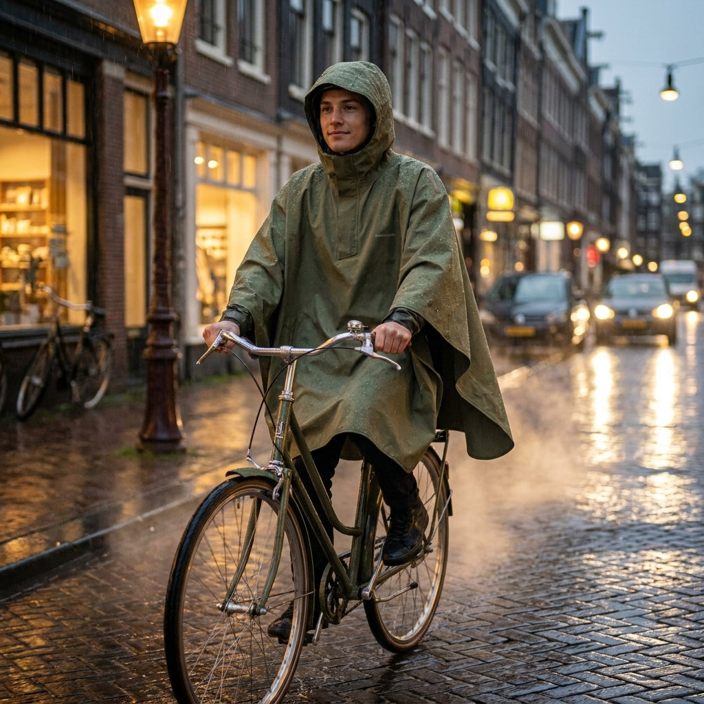 Person trägt Basil Hoga Unisex Fahrrad Regenponcho in Olive beim Radfahren im Regen auf nasser Straße.