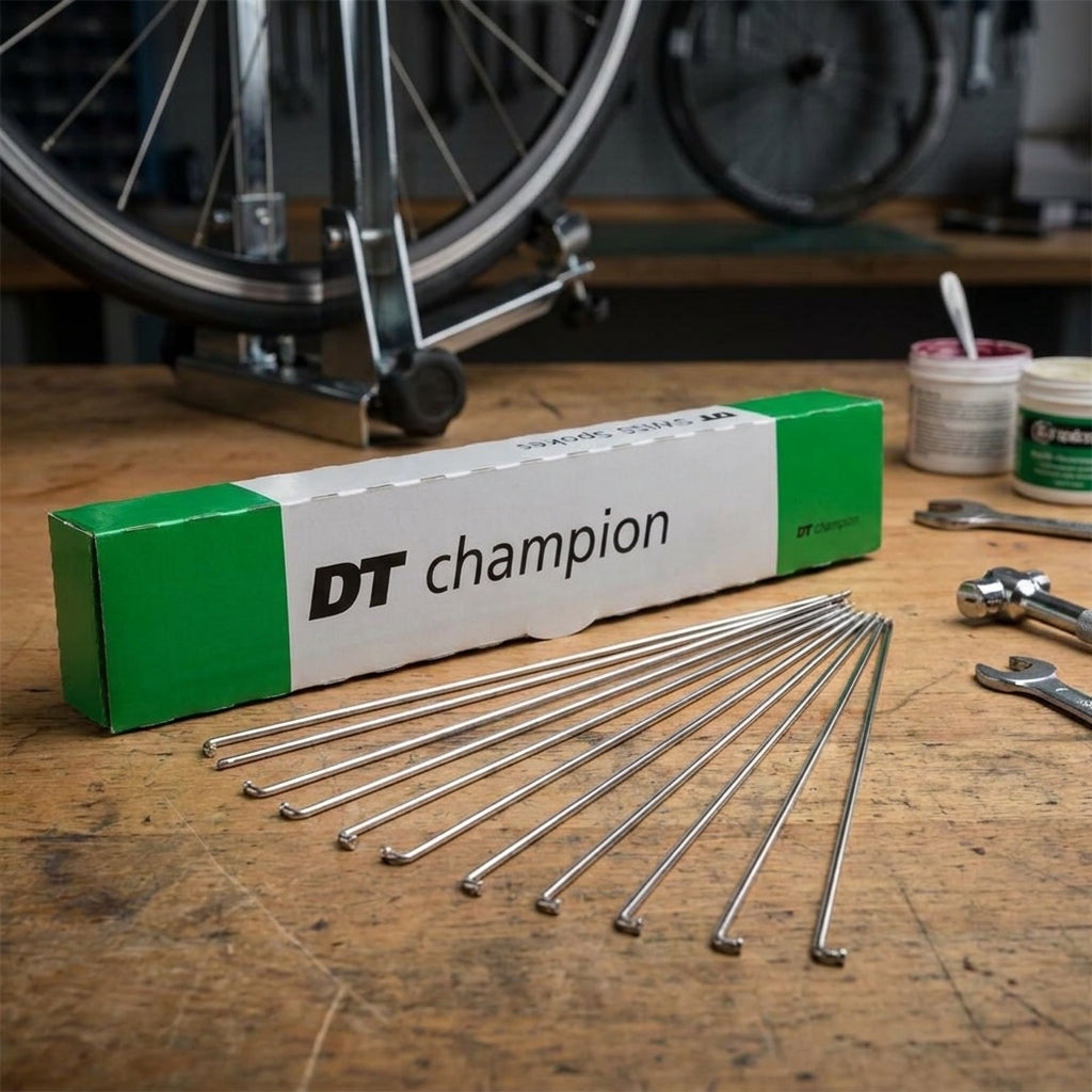 Robuste DT Swiss Champion 2.0 silber Speichen für Fahrrad, MTB & Rennrad auf Werkbank mit Laufrad.