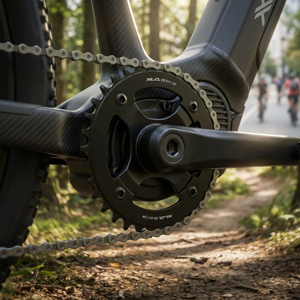 XLC E-Bike Stahl-Kettenblatt (34 Zähne) am Mittelmotor eines Carbon-E-Bikes auf Waldweg.