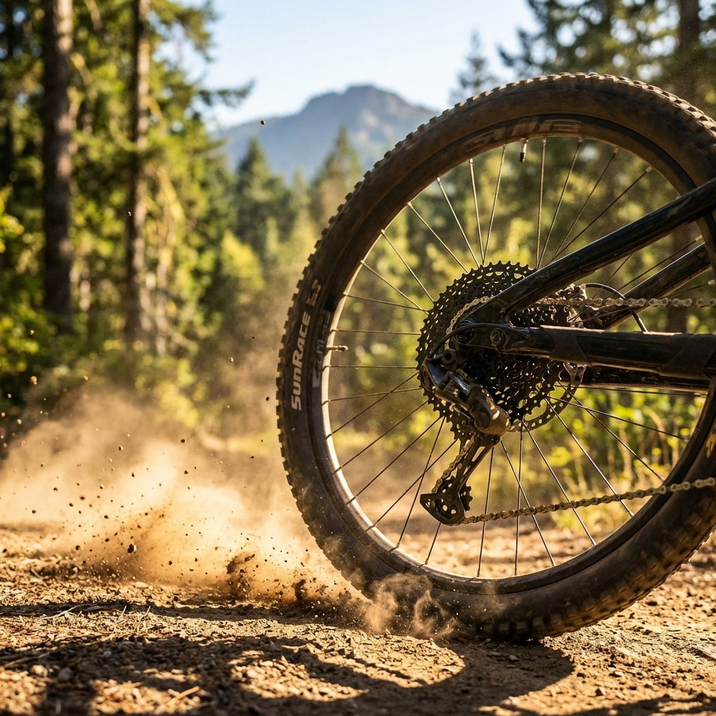 SunRace Kassette 10-fach 11-46Z schwarz am MTB Hinterrad auf staubigem Trail.