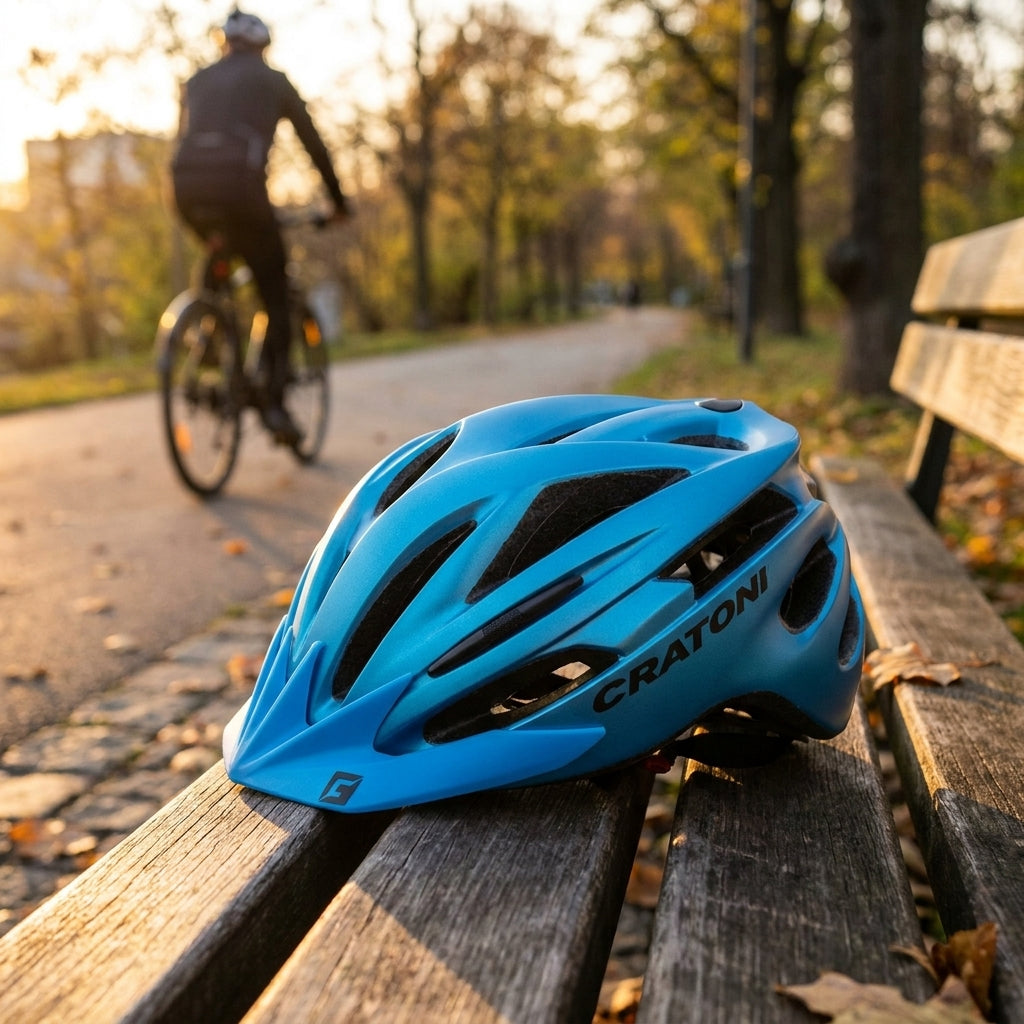 Cratoni Pacer Fahrradhelm blau metallic matt L/XL auf Parkbank, Radfahrer im Hintergrund.