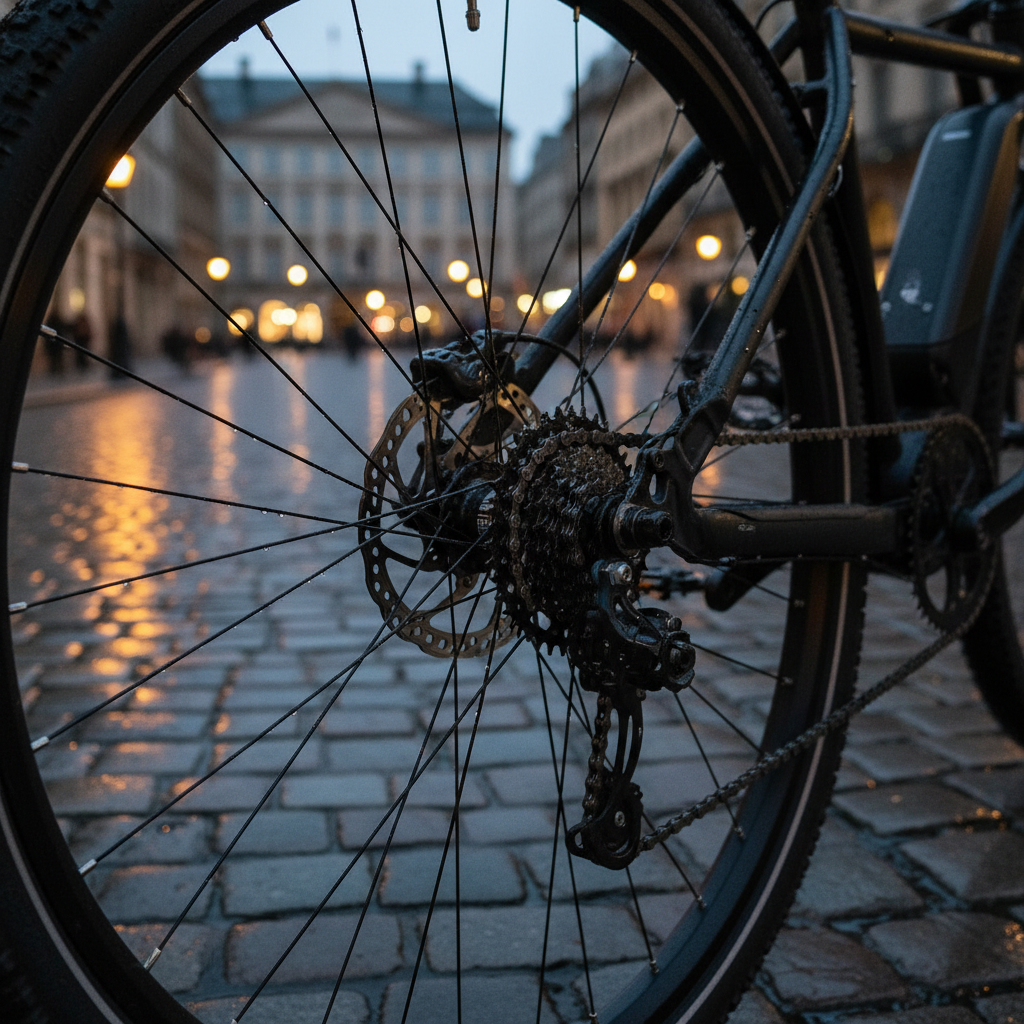 Schwarzes E-Bike Hinterrad mit DT Swiss Alpine III Speichen auf nasser Pflasterstraße.