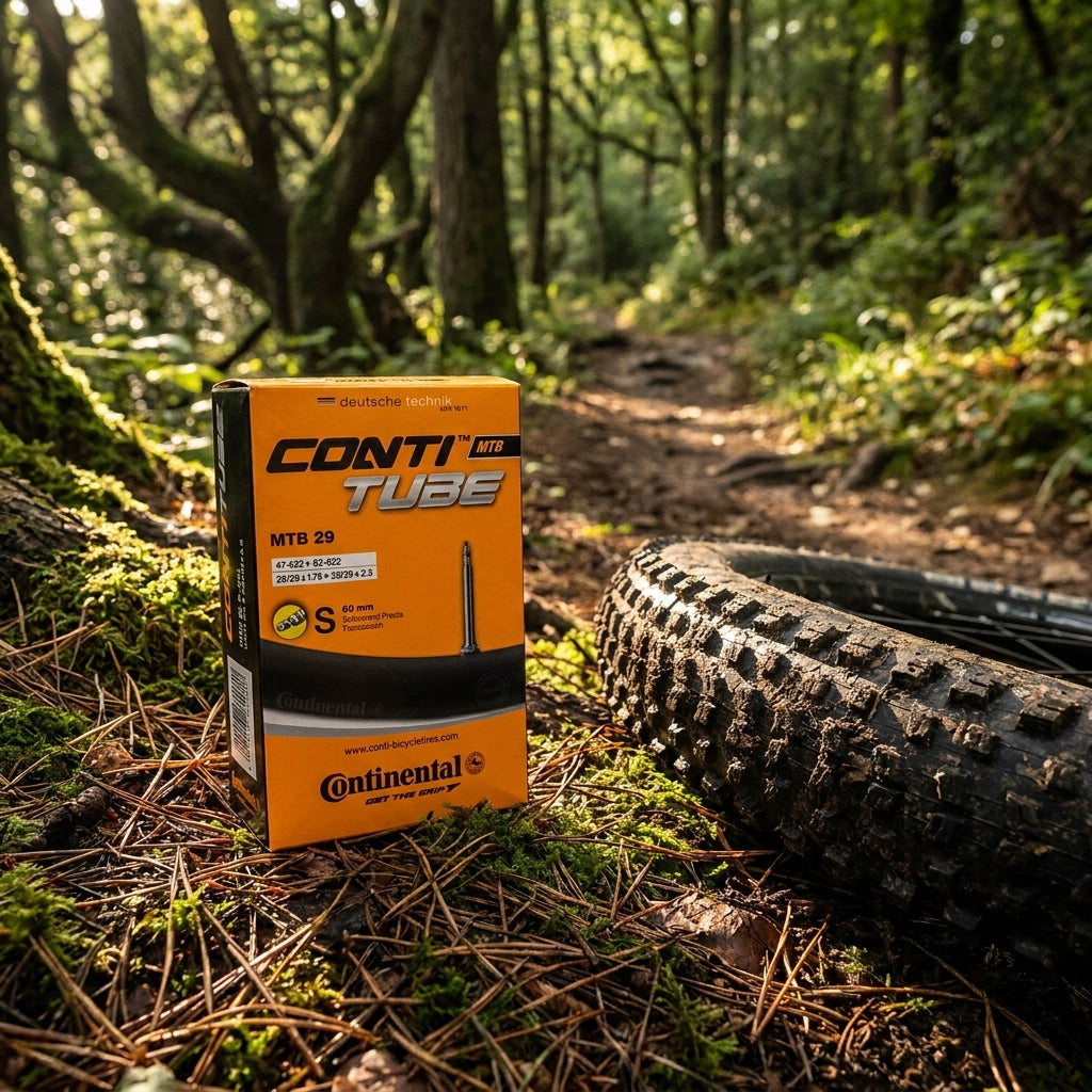 Continental Conti MTB Schlauch 29 Zoll SV 60mm Box im Wald neben schmutzigem Mountainbike-Reifen.