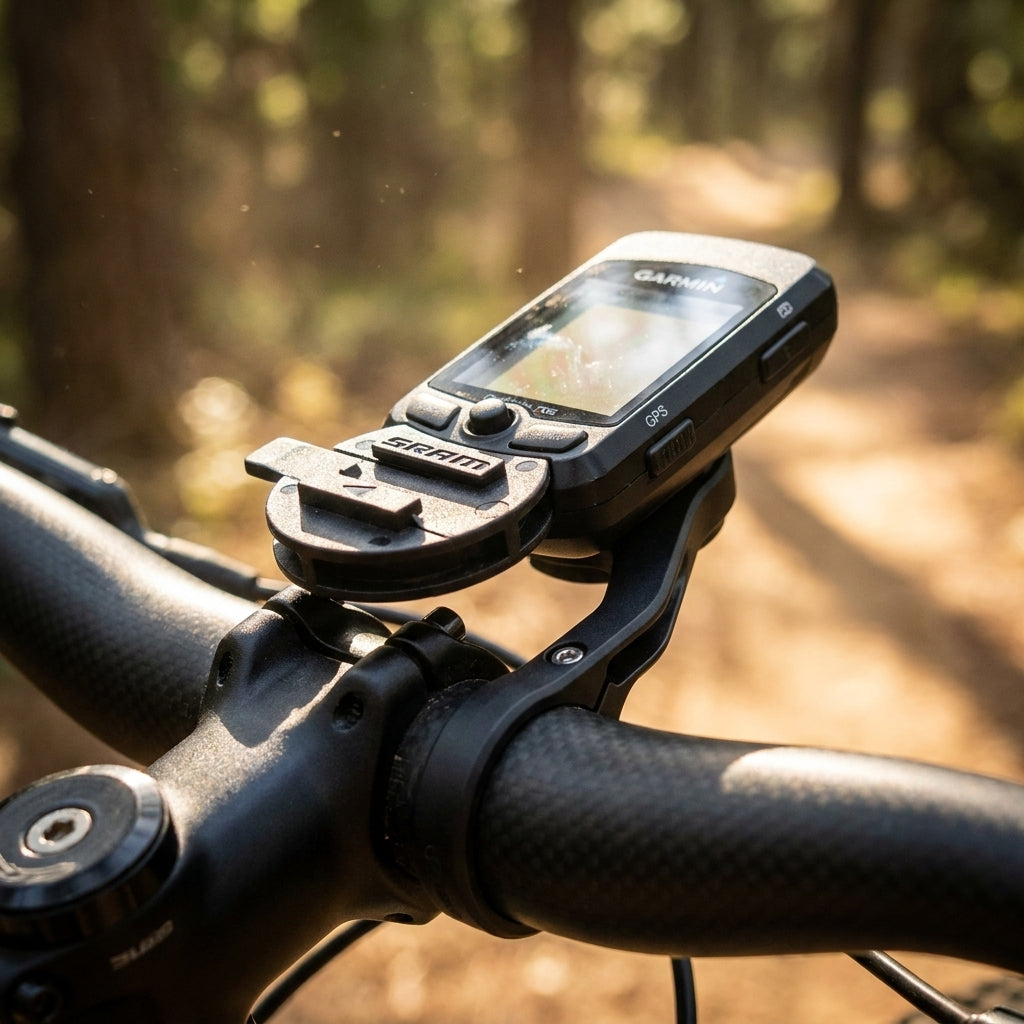 SRAM Adapter Quickview für Garmin 605/705 sicher am Fahrradlenker montiert, für sicheren Halterungswechsel.