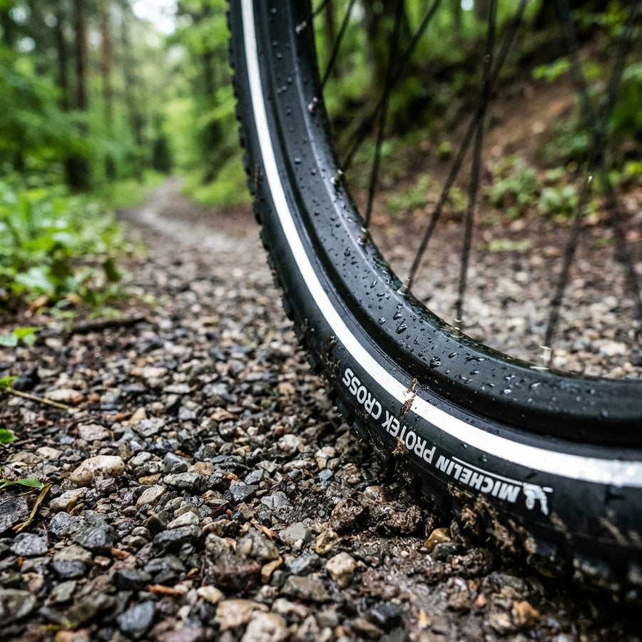 Michelin Protek Cross Fahrradreifen schwarz Reflex, nass auf Schotterweg im Wald.