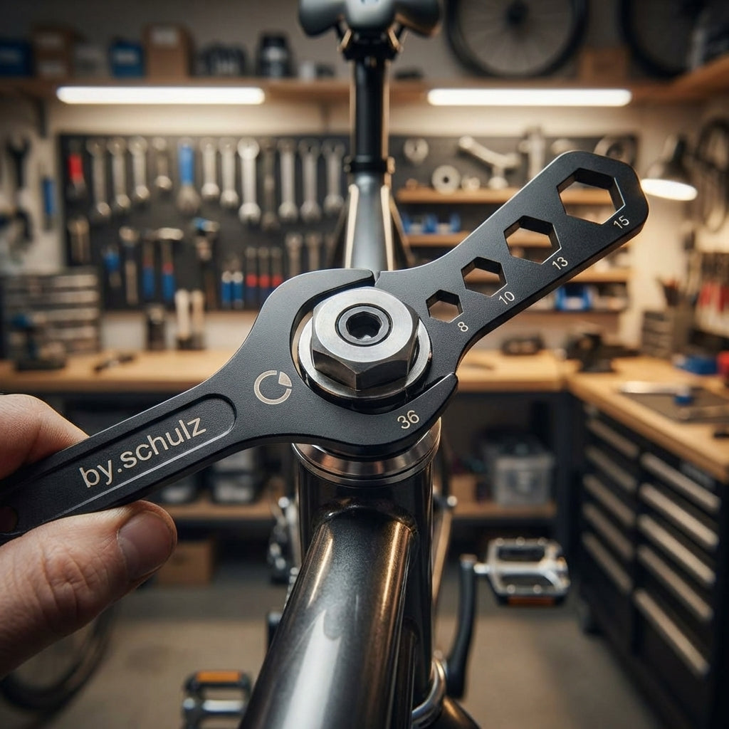 Hand hält By.Schulz Multifunktionsschlüssel SW36, 8, 10, 13, 15mm zur Einstellung von Fahrrad-Steuerlagern.