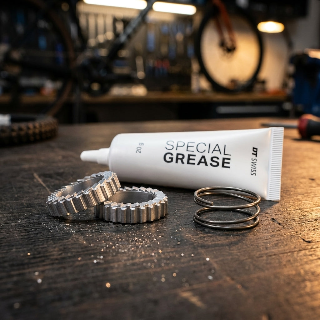 DT Swiss Ratchet System 24 Zähne Upgrade Kit: Spezialfett, Ratchet-Ringe, Feder für präzise Naben-Wartung.