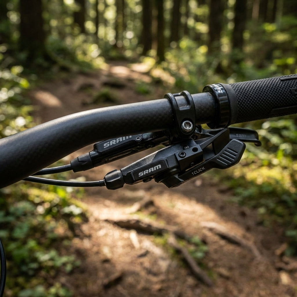 SRAM Trigger Eagle 90 T-Type Single Click Schalthebel hinten am E-MTB Lenker auf Waldweg.