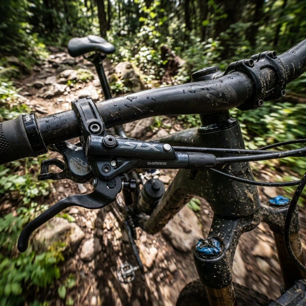 SHIMANO SLX M7100 Vorderradbremse am Lenker eines schlammigen Mountainbikes auf dem Trail