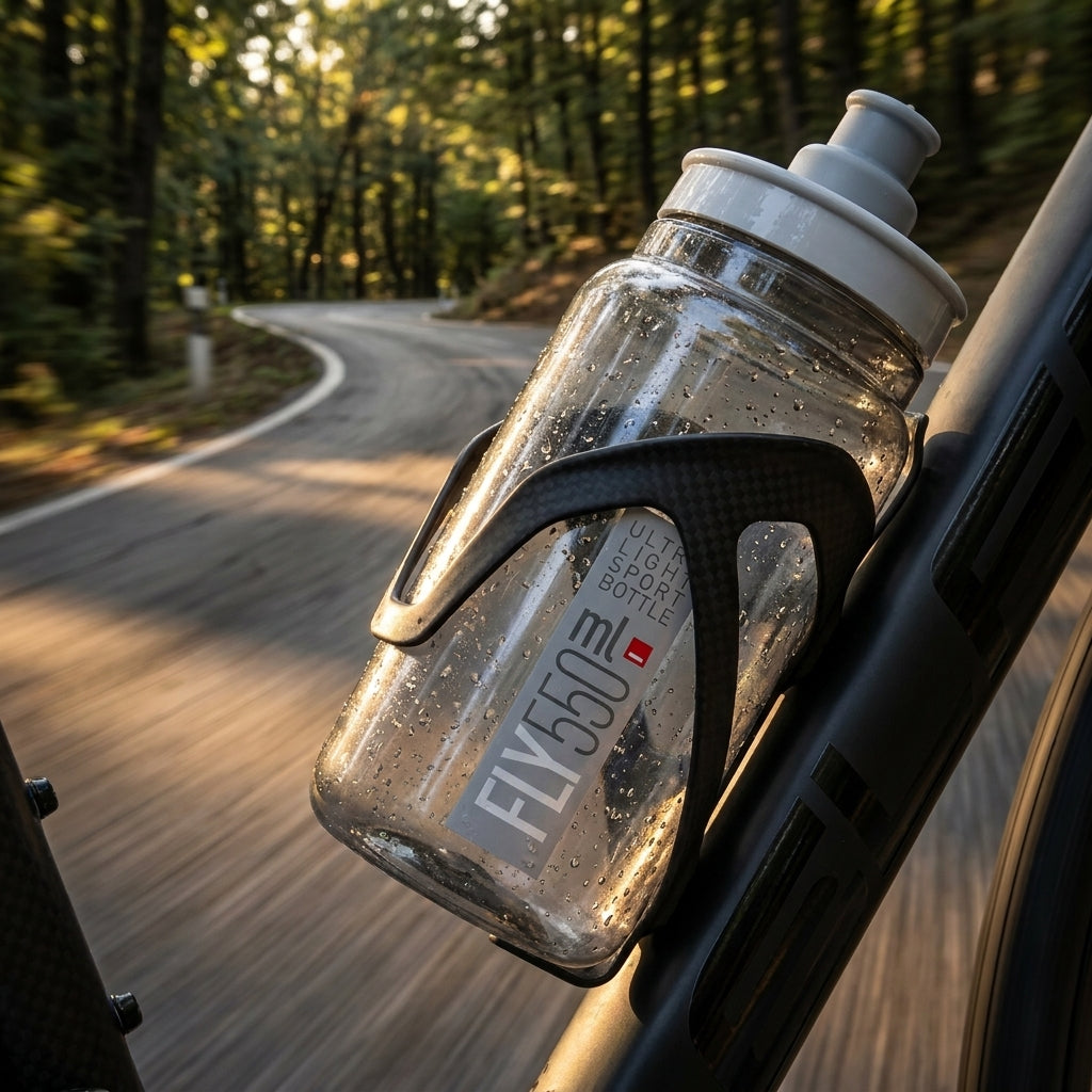 Elite Trinkflasche Fly 550 ml klar grau am Fahrrad im Flaschenhalter auf sonniger Waldstraße durch den Wald.