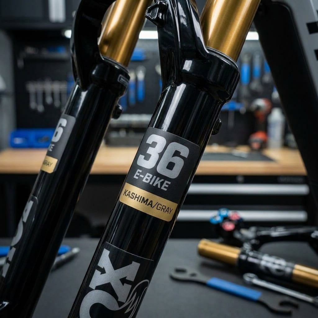 FOX Decal Kit 36 E-Bike 2025 Kashima/Gray Logo für glänzend schwarze Gabel. Hochwertige Aufkleber für Schutz & Factory-Look.