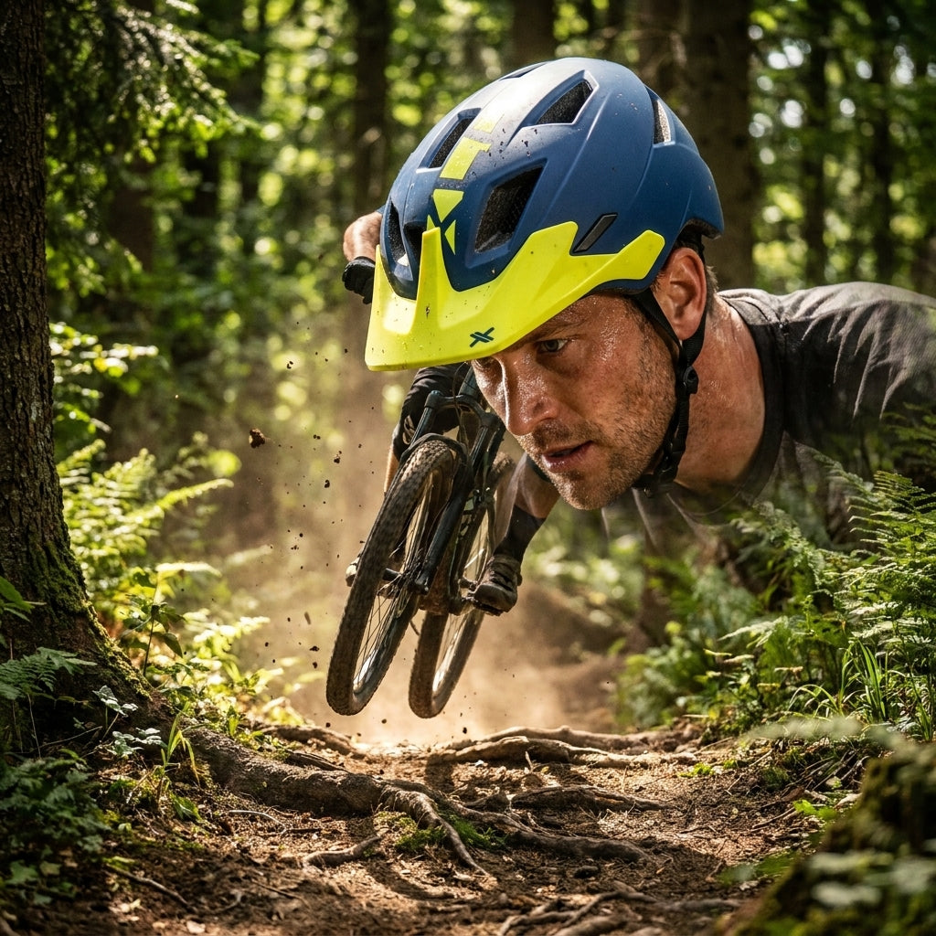 XLC Helm MTB BH-C30 blau-gelb (54-58cm) auf Kopf eines schwitzenden Mountainbikers, der auf einem Waldtrail springt.
