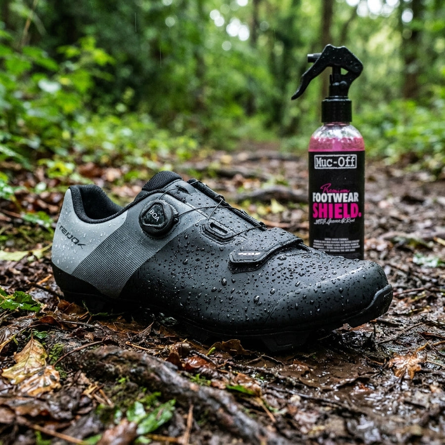 Muc Off Premium Footwear Shield 250ml schützt Fahrradschuhe vor Wasser und Schmutz im Wald.
