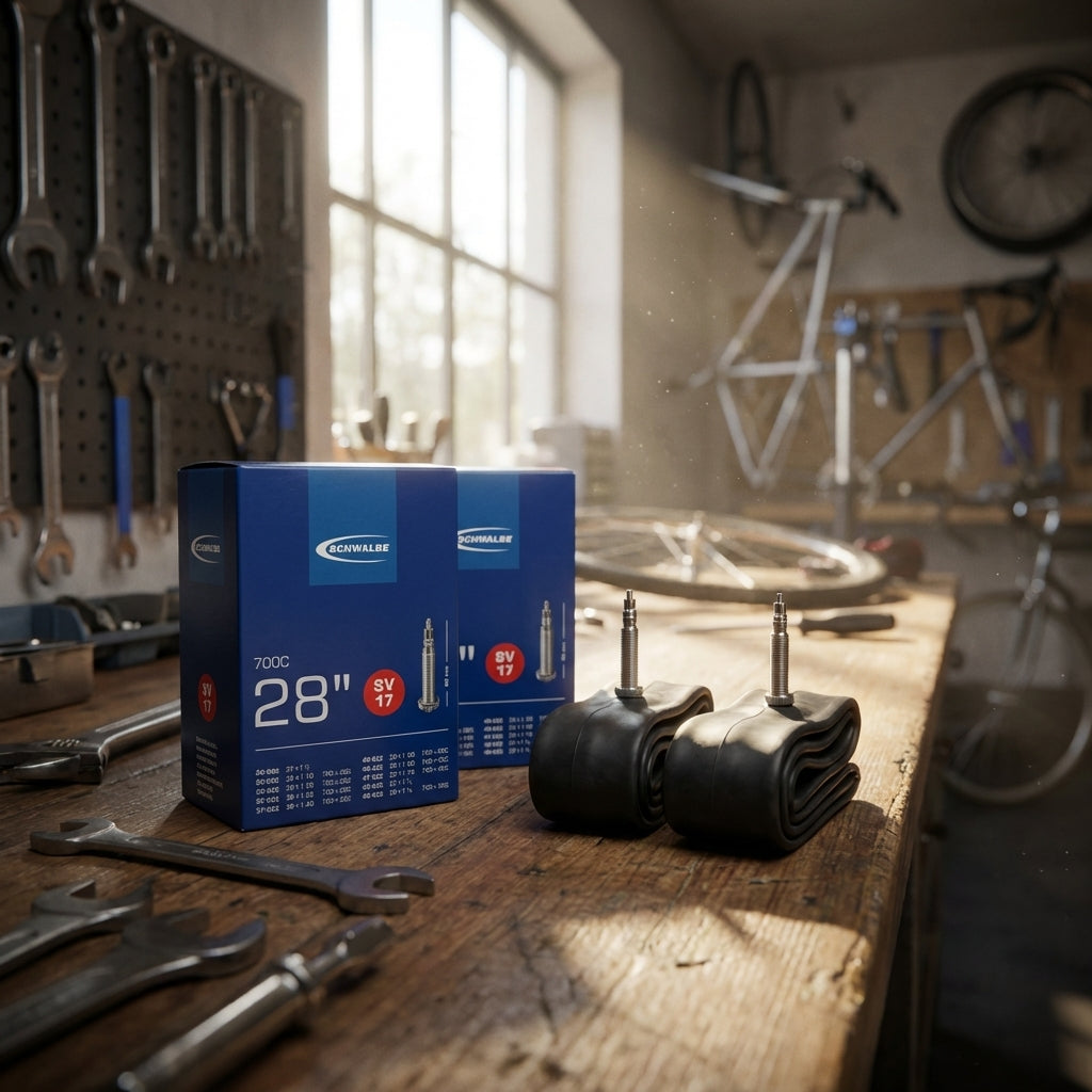 Schwalbe 2er-Set Fahrradschlauch SV17 28 Zoll 40mm SV auf einer Werkbank in einer Fahrradwerkstatt.