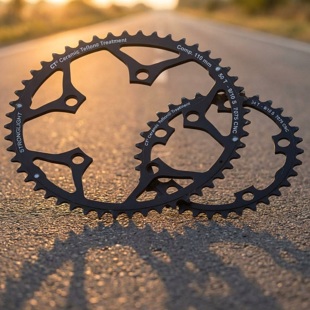Stronglight RACE Kettenblatt 34 Zähne schwarz (leicht, langlebig) mit 50T auf Asphalt bei Sonnenuntergang.