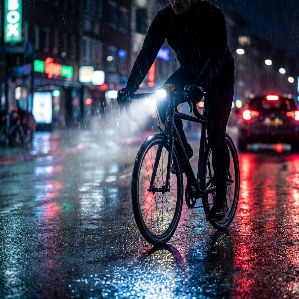 Axa DWN FRONT 50 LED-Akkuscheinwerfer (50 Lux, Schwarz, StVZO) leuchtet Fahrradweg nachts im Regen aus.