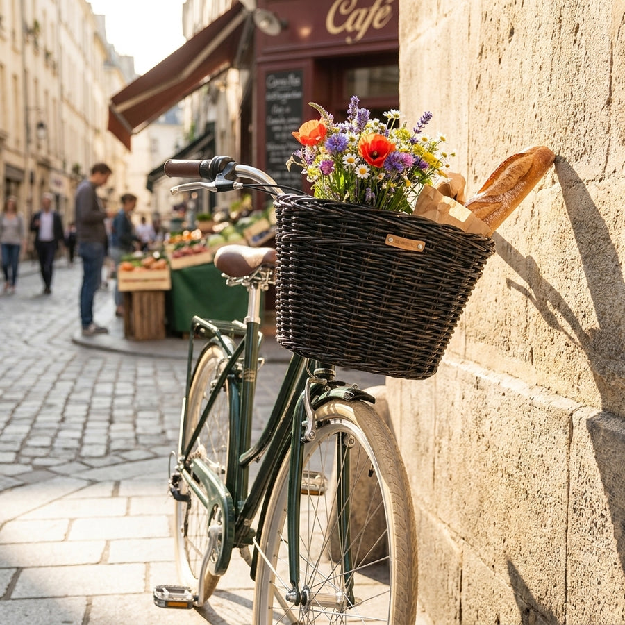 Basil Vorderradkorb Darcy L Rattan schwarz am grünen Fahrrad, mit bunten Blumen und Baguette, auf Pariser Kopfsteinpflaster.