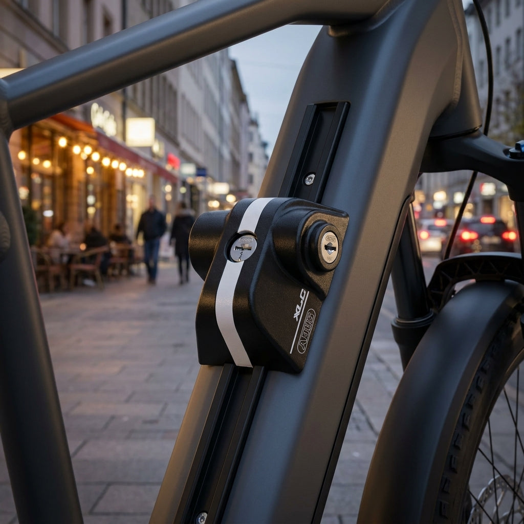 Schwarzes XLC MRS Rail Lock mit weißem Streifen am E-Bike Rahmen in städtischer Umgebung montiert.