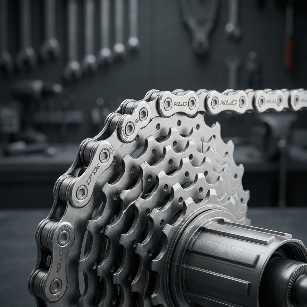 XLC 11-fach Fahrradkette CC-C04 silber auf Kassette im Werkstatt-Hintergrund.
