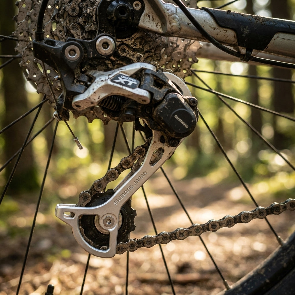 SHIMANO DEORE XT RD-M772 SGS-Type Kettenleitblech in Silber an Mountainbike-Schaltwerk.