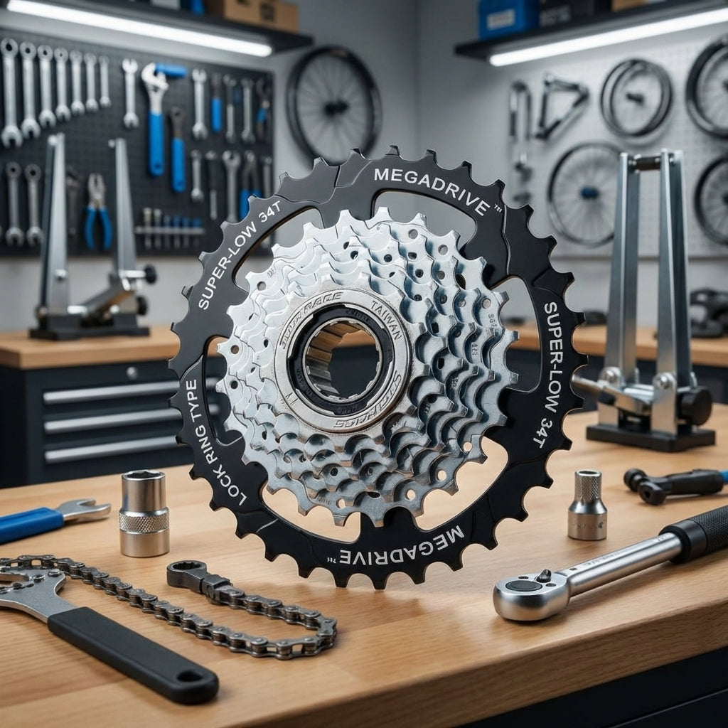 SunRace Schraubkranz MFM4S 7-fach 13-34 Zähne verzinkt, schwarz-silber, auf Werkbank mit Werkzeug.