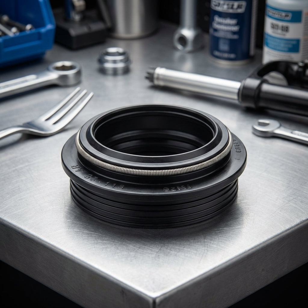 SR-Suntour 28mm Staubdichtung für SF9 NCX, SF13 CR8V, SF15 NVX auf Werkbank mit Werkzeug.