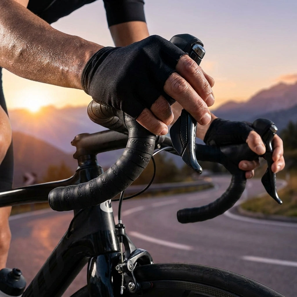 Prologo DOUBLETOUCH schwarzes Lenkerband am Fahrradlenker eines Radfahrers bei Sonnenuntergang.