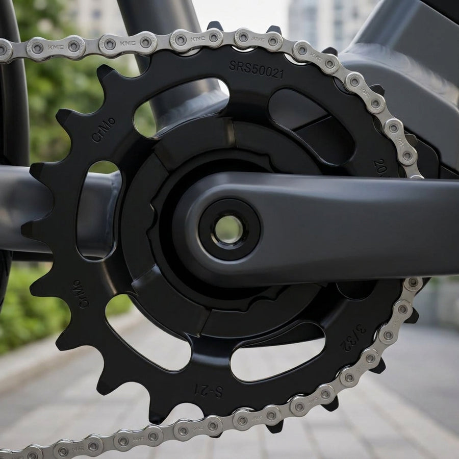 Langlebiges KMC E-Bike Antriebsritzel 21 Zähne schwarz mit KMC Kette und Kurbel.