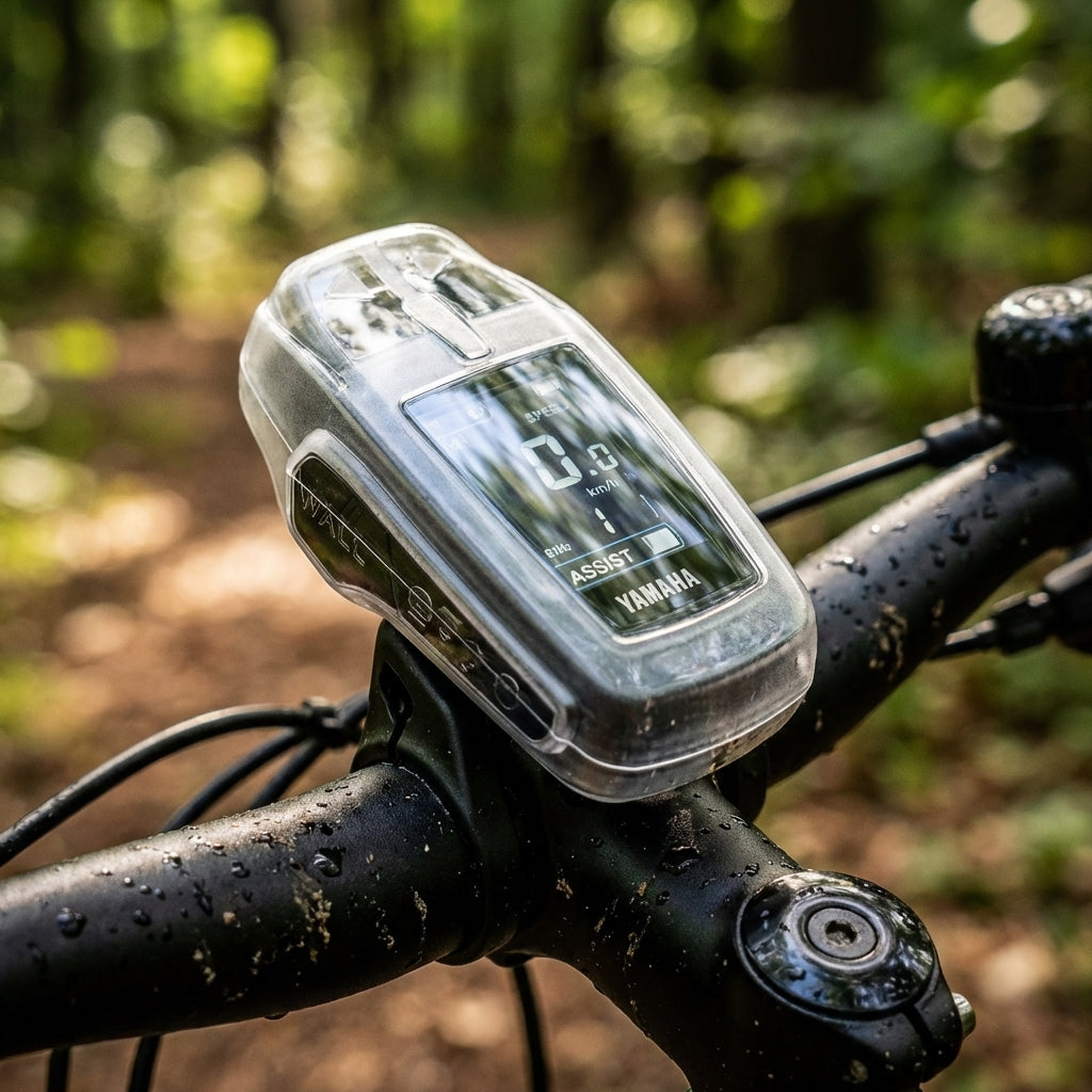 Transparentes MH-Cover schützt Yamaha TYP A E-Bike Display auf feuchtem Fahrradlenker im Wald.
