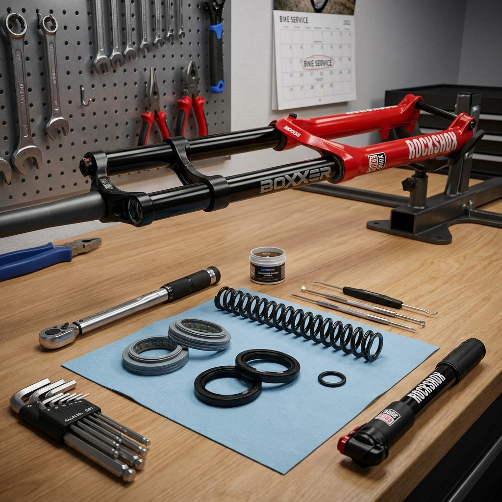 RockShox Boxxer Federgabel Service-Kit Basic (2012-2016) mit Gabel, Dichtungen, Feder und Werkzeugen auf Werkbank.