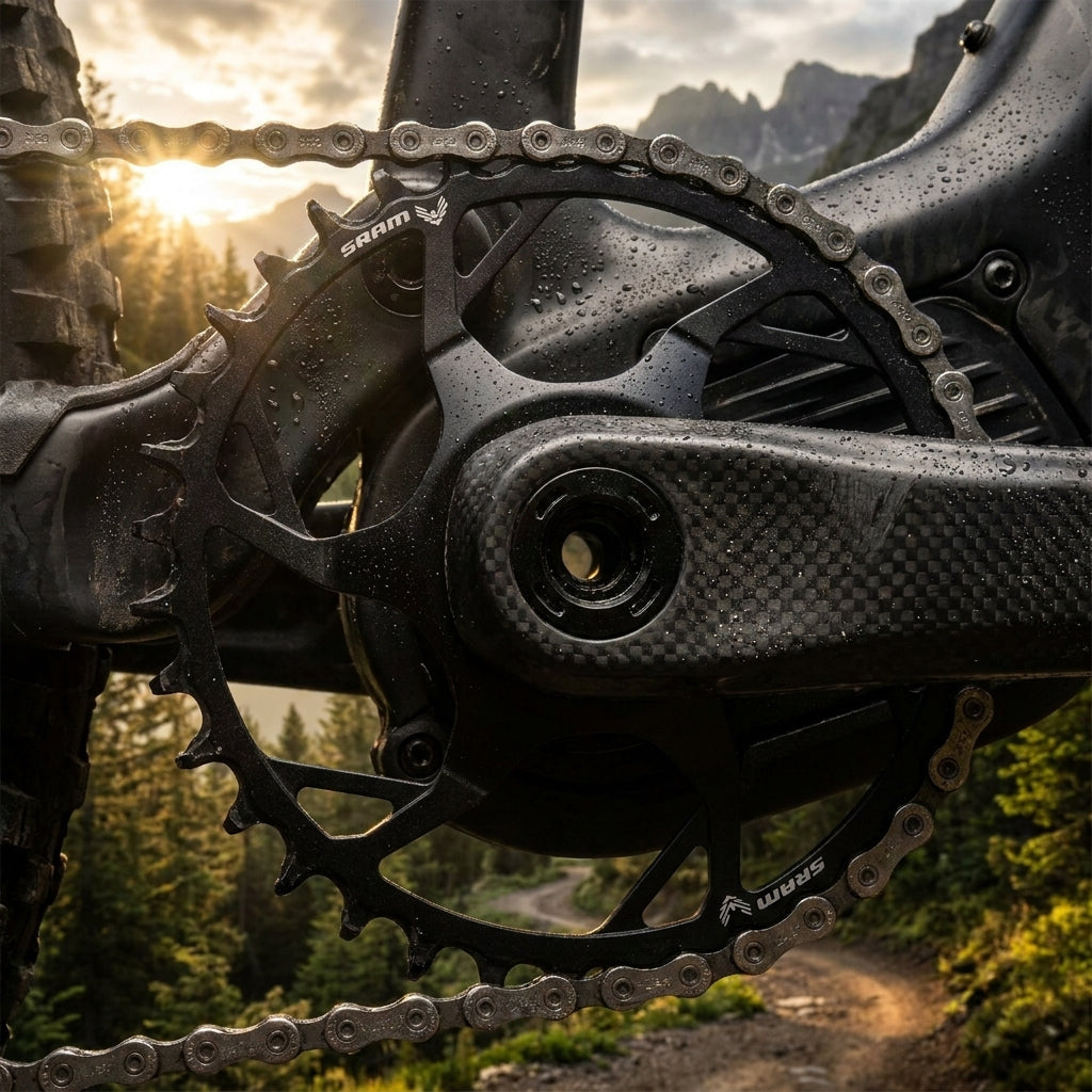 SRAM Kettenblatt T-Type Eagle Bosch 36T schwarz, präziser E-MTB Antrieb mit Kette und Kurbelarm, Wassertropfen.