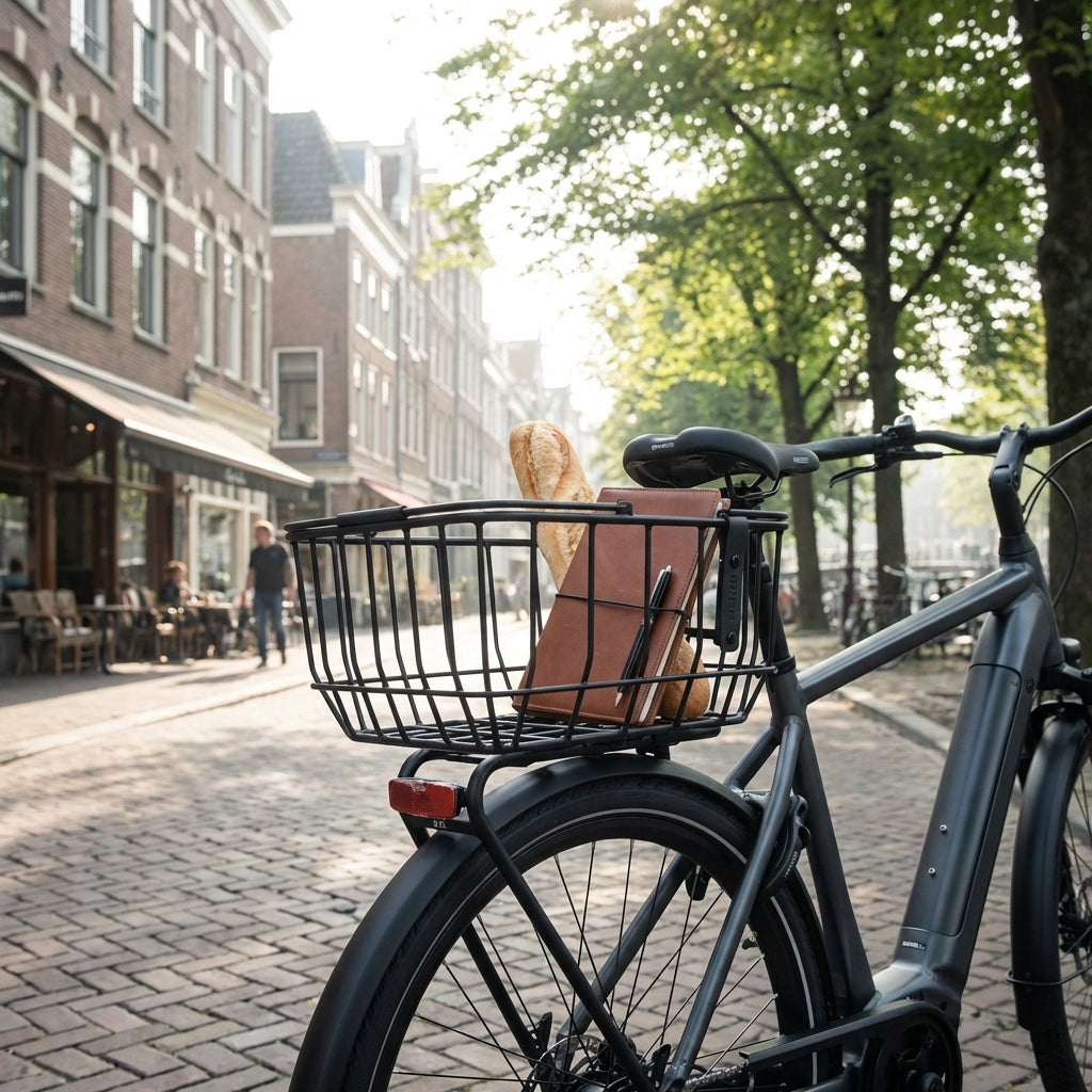 Basil Hinterrad-Korb PORTLAND Aluminium matt schwarz am Fahrrad mit Baguette und Notizbuch in der Stadt.