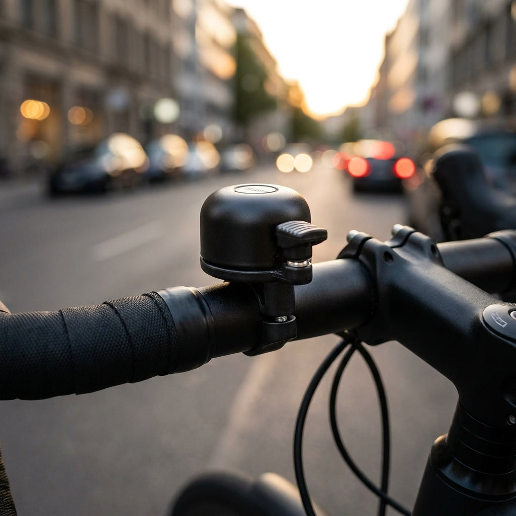 Mounty Miniklingel Billy schwarz matt am Fahrradlenker in der Stadt bei Sonnenuntergang.