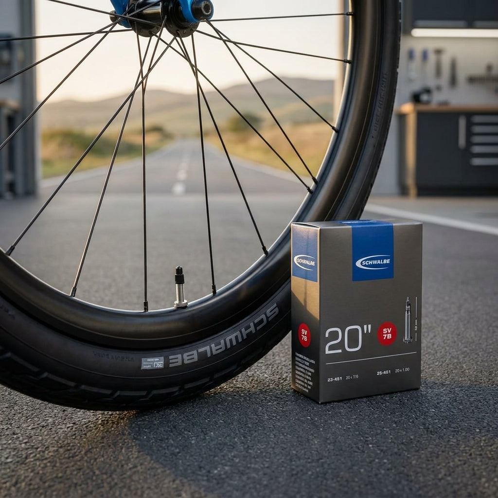 Schwalbe Schlauch SV7B 20 Zoll (23-451) mit SV Ventil, Verpackung neben Fahrradreifen.