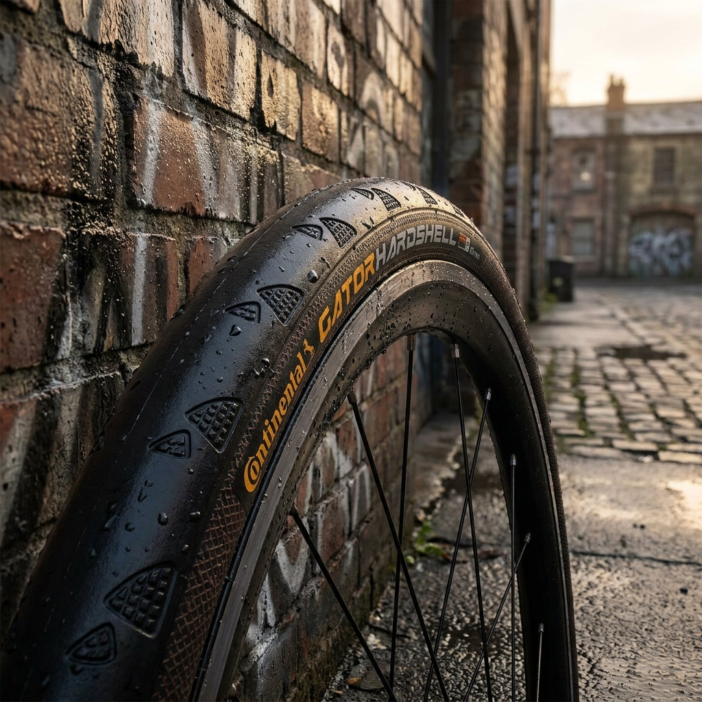 Continental Reifen Conti Gator Hardshell 28 Zoll 700x32 C schwarz DuraSkin, nass an Ziegelwand gelehnt.