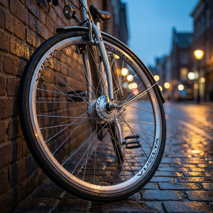 Bike-Parts Vorderrad 28 Zoll mit Nabendynamo DH-C3003 NT, silber, Nirosta-Speichen, an Fahrrad auf nasser Straße.