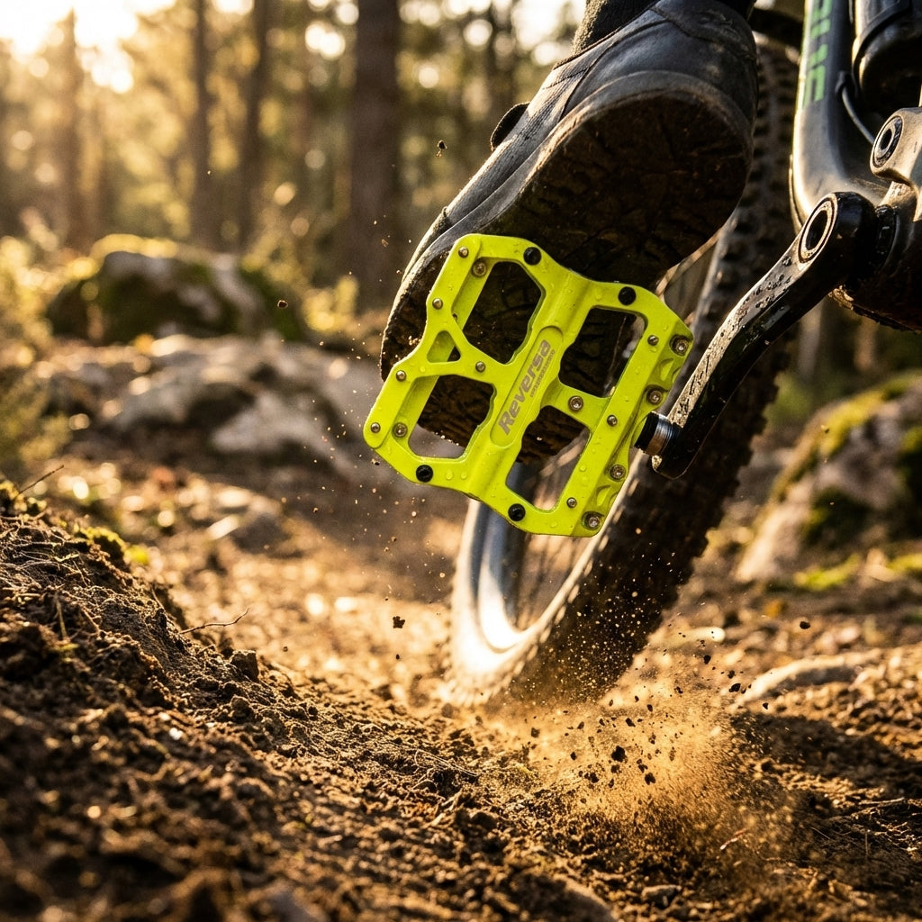 Reverse Escape AL6061 MTB Flat Pedale in Neon-Yellow. Robustes Mountainbike Pedal für extremen Grip und Bikepark-Einsatz. Aluminium.