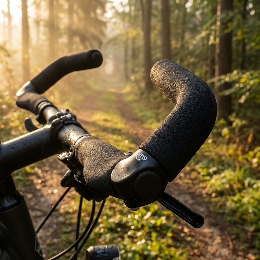 Ergotec Bar Ends EVO Touring L schwarz mit Moosgummiüberzug am Fahrradlenker im Wald auf einem Weg.
