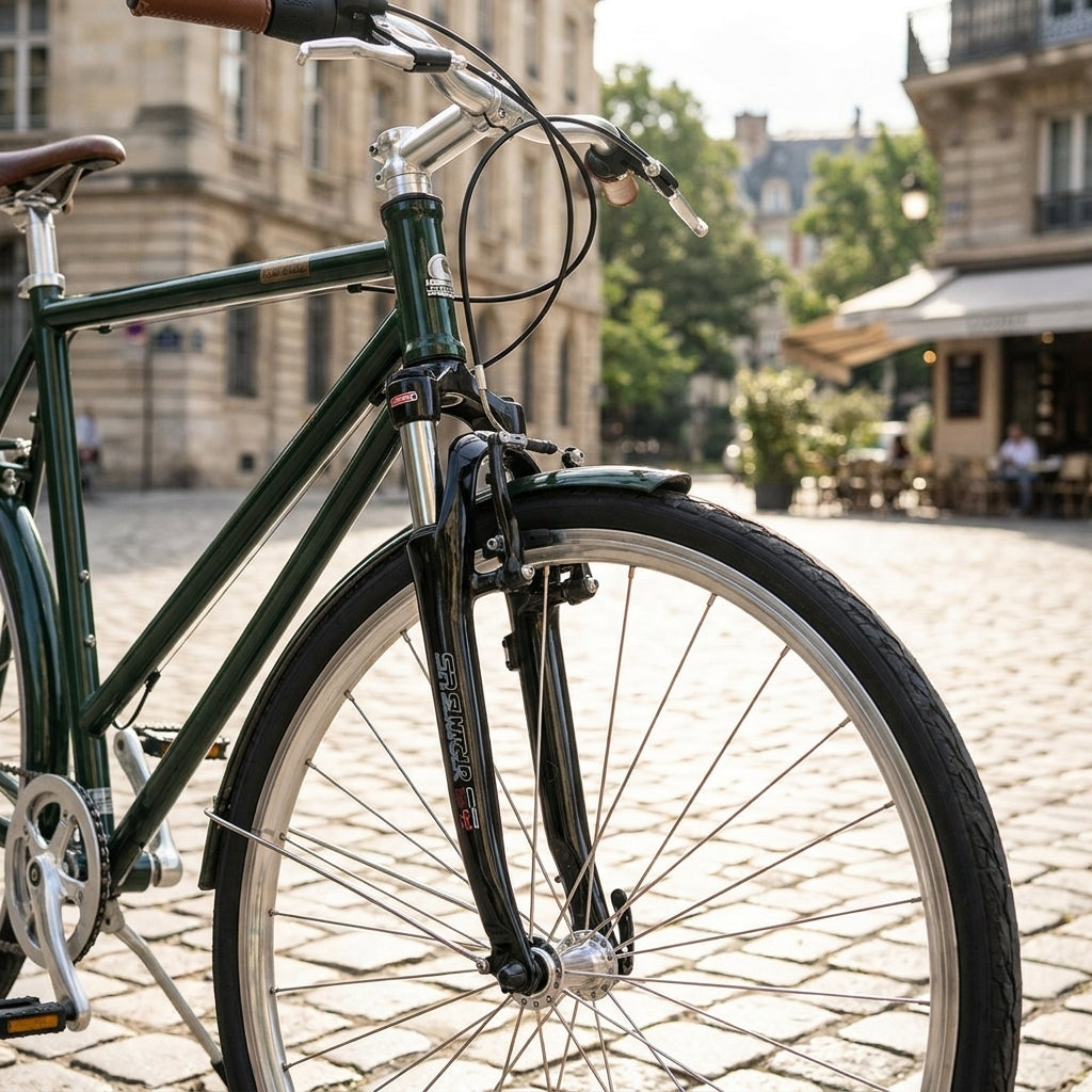 Produktbild: Schwarze Federgabel SR SF13 CR-8V 26" an grünem Fahrrad, Kopfsteinpflaster in der Stadt.