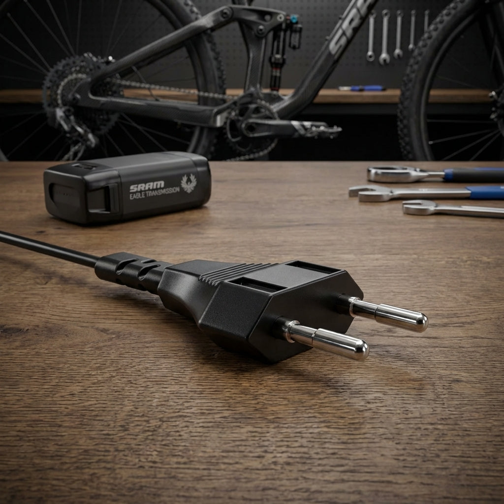 Sram EU Stecker für Eagle Transmission Powertrain Ladegerät, Sram Batterie und Fahrrad auf Holztisch.