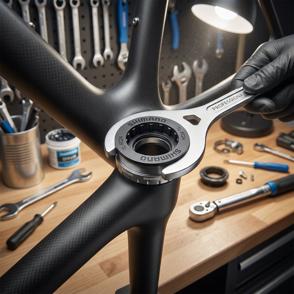 SHIMANO TL-FC24 Adapter als Montagehilfe für BB9000 Hollowtech II Innenlager am Carbon-Fahrradrahmen in der Werkstatt.