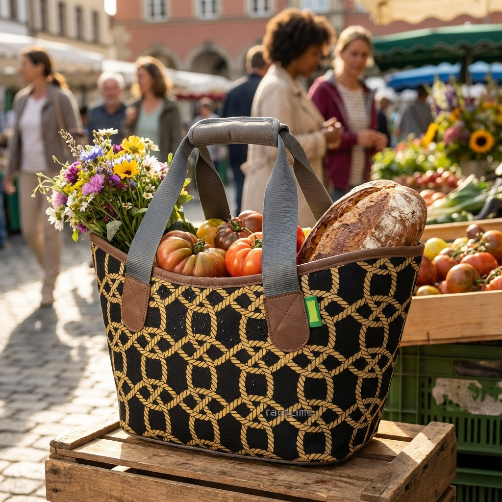 Racktime Einkaufskorb Agnetha nautical ropes, schwarz-gold mit Brot, Tomaten, Blumen auf Markt.
