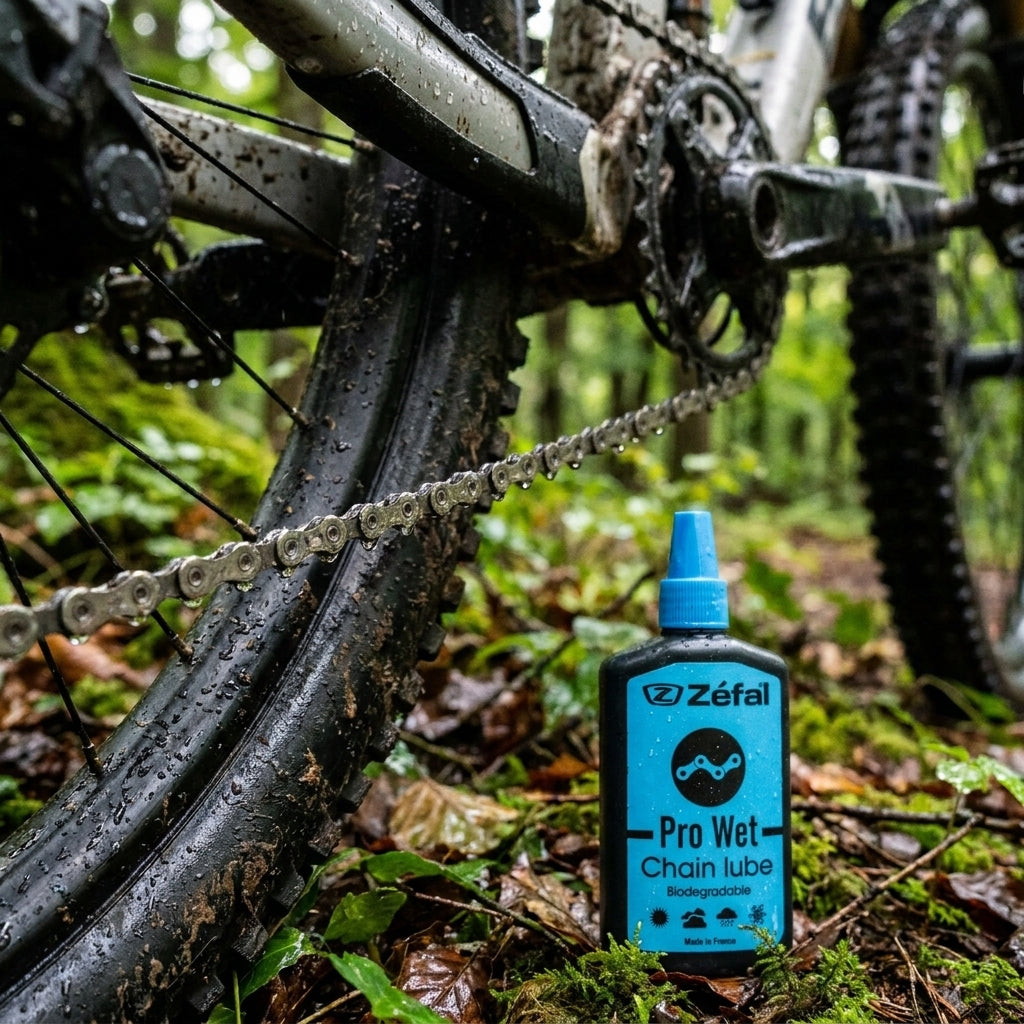 Zefal Pro Wet Lube Schmiermittel 120ml Flasche neben schlammigem Mountainbike und Kette im nassen Wald.