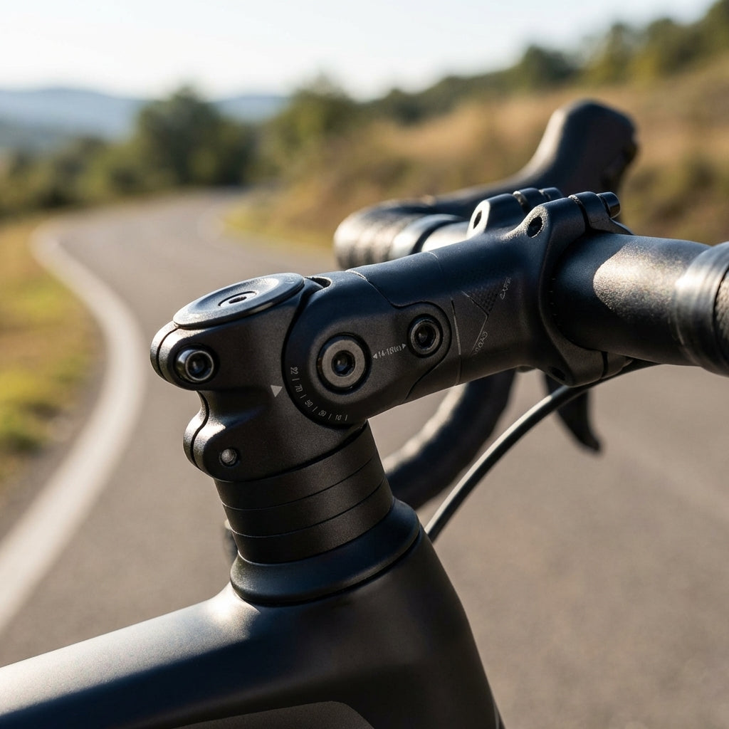 Schwarzer, verstellbarer Merida Expert Tk Fahrradvorbau am Rennrad auf einer kurvigen Landstraße.
