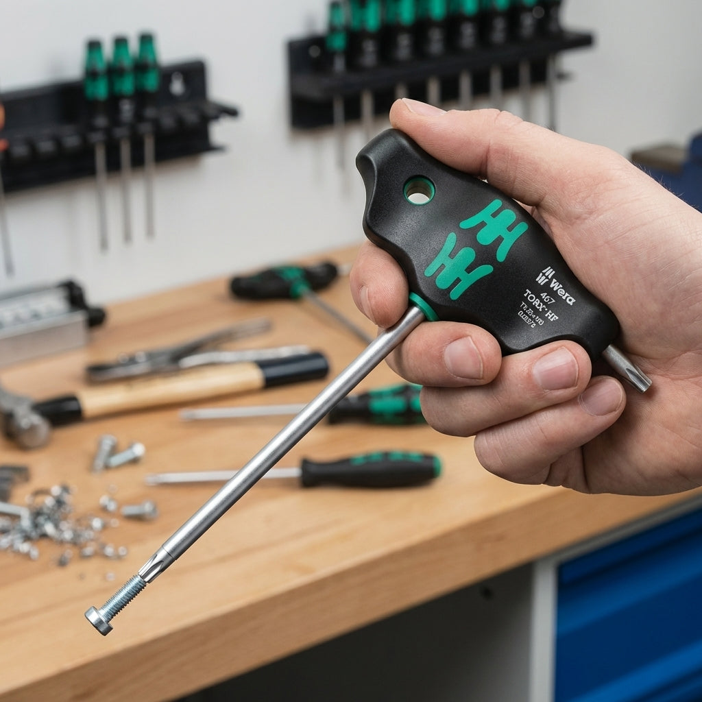 Hand hält Wera 467 Torx HF Quergriff-Schraubendreher TX25 mit Haltefunktion, Schraube am Bit in Werkstatt.