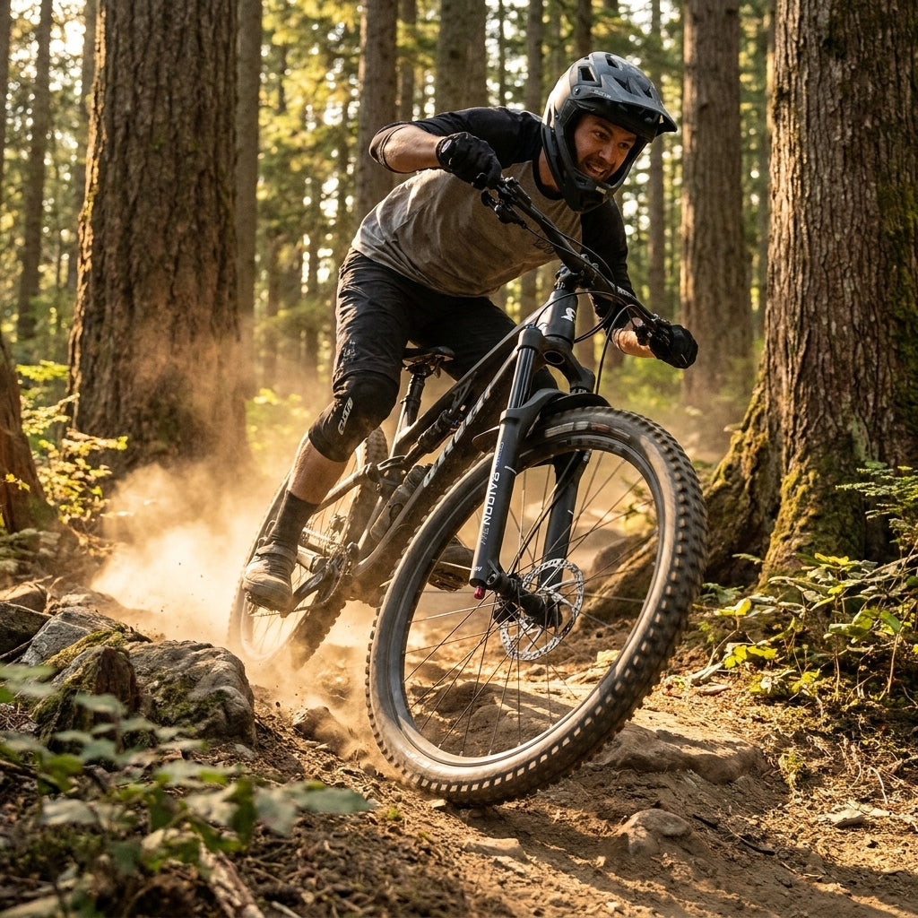 SR Suntour RAIDON34X Federgabel am Mountainbike in Aktion auf staubigem Trail im Wald.